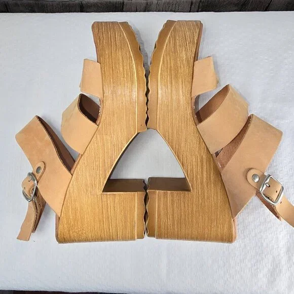 ROOLEE MUSSE AND CLOUD CHUNKY PLATFORM TAN LEATHER WOOD SANDALS WOMENS SIZE 7 - Picture 9 of 9